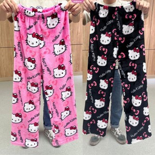 ชุดนอนกางเกงลําลอง ผ้ากํามะหยี่ แบบนิ่ม พิมพ์ลาย Hello Kitty แฟชั่นฤดูใบไม้ร่วง และฤดูหนาว สําหรับสตรี