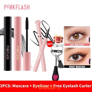 【COD】PINKFLASH OhMyWink มาสคาร่ากลางวัน &amp; กลางคืนเพิ่มความยาวปริมาณน้ำแท่งซิลิโคนที่เติมไฟเบอร์กันน้ำ Cruelty-Free +อายไลเนอร์ + ที่ดัดขนตาพร้อม