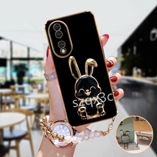 เคสโทรศัพท์มือถือ TPU แบบนิ่ม ลายการ์ตูนกระต่ายน่ารัก 3D พร้อมสายคล้องลูกปัด สําหรับ Honor 90 Pro Lite X9a X8a X8 X6 5G Magic5 Pro 2023