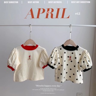 เสื้อยืดแขนสั้น ลายจุด สีตัดกัน สไตล์เกาหลี สําหรับเด็กผู้หญิง 80-130