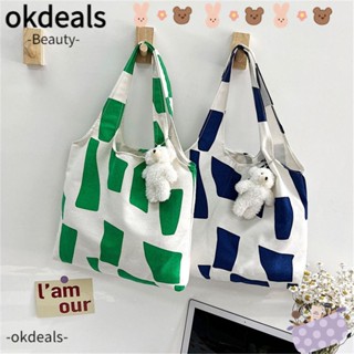 OKDEALS กระเป๋าสะพายไหล่ ผ้าแคนวาส ทรงโท้ท พิมพ์ลายเรขาคณิต จุของได้เยอะ แบบลําลอง