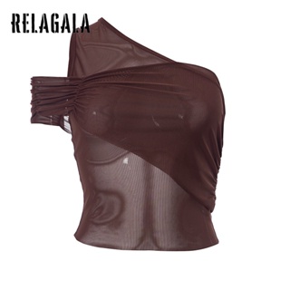 Relagala ใหม่ เสื้อยืดลําลอง แขนสั้น เปิดไหล่ คอเอียง ผ้าตาข่าย สีพื้น เซ็กซี่ แฟชั่นสําหรับสตรี 2023