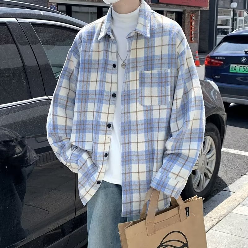 เสื้อเชิ้ตลําลอง ลายสก๊อต ขนาดใหญ่ มีกระเป๋าใหญ่ สไตล์ญี่ปุ่น แฟชั่นสําหรับผู้ชาย และผู้หญิง