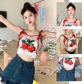 900Shop📌เสื้อครอปอกสกรีนลายเชอร์รี่ SWEET CHERRY สายเดี่ยวแบบผูกกุ้นขอบแดง