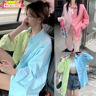 Chemisegrace✨พร้อมส่ง✨เสื้อเชิ้ตคอปก Oversize เสื้อสีสันคัลเลอร์ฟูล ผู้หญิง ทรงหลวม  แขนยาว ใส่แล้วเท่มากกกก W254