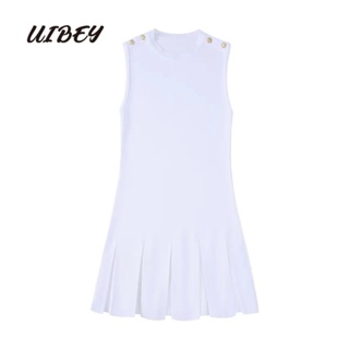 Uibey ชุดเดรส คอกลม แขนกุด ผ้าถัก สีทอง แฟชั่น 3806