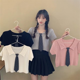 [พร้อมส่ง] เสื้อยืดแขนสั้น ผ้าถัก สไตล์เกาหลี แฟชั่นฤดูใบไม้ผลิ และฤดูร้อน สําหรับผู้หญิง 2023