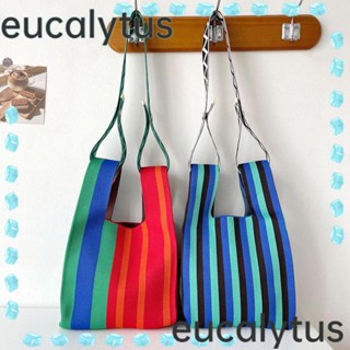 Eucalytus1 กระเป๋าถือ ผ้าถัก ลายทาง ขนาดเล็ก สําหรับเด็กผู้หญิง