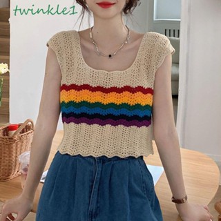 Twinkle1 เสื้อครอปท็อปแขนกุด ผ้าถักโครเชต์ คอสี่เหลี่ยม สไตล์ฮาราจูกุ วินเทจ สีรุ้ง สําหรับผู้หญิง y2k