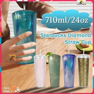 สต็อกพร้อม 710ml/ 24oz Starbucks Tumbler Starbuck Cup With Straw Brilliant Water Cup Diamond Straw Cup (allowed Color Difference) abovealize_th