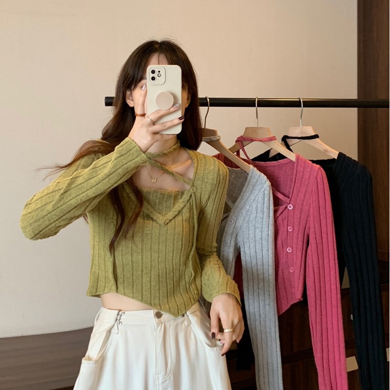 Mazeพร้อมส่ง**เสื้อไหมพรมแขนยาวดีเทลสายคาดคอ ผ้าร่องผ้านิ่มใส่สบาย(M5610)