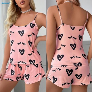 【HODRD】Womens Chic Sleepwear Set Love Print Sexy Lingerie Top and Shorts Soft and Cozy【Fashion】