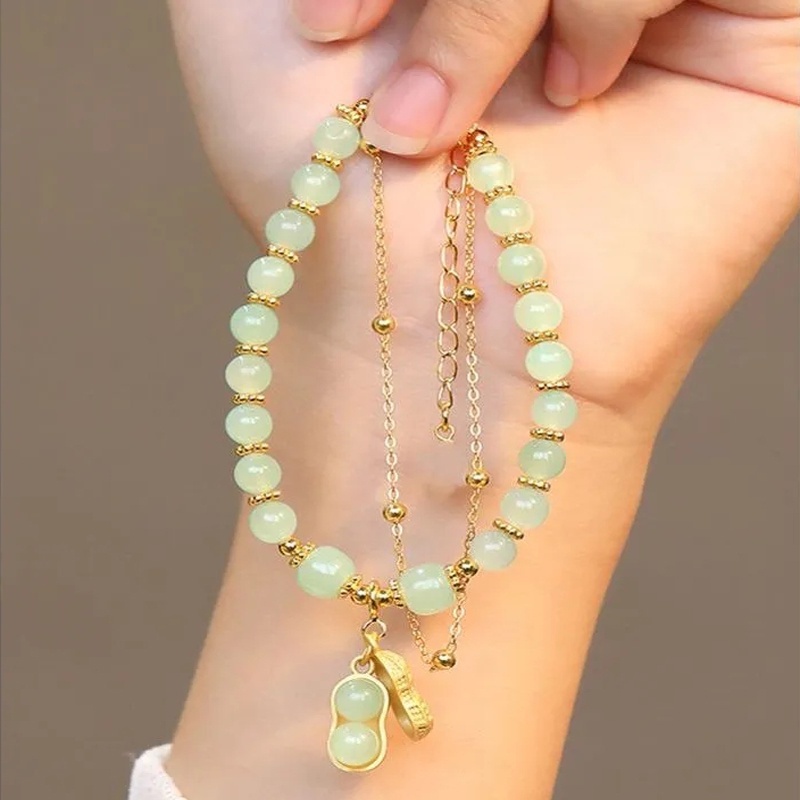 สร้อยข้อมือ กําไลข้อมือ หินหยกเทียม นําโชค สีทอง ใบถั่วลิสง สีเขียว สไตล์วินเทจ หรูหรา สองชั้น เครื่องประดับ สําหรับผู้หญิง