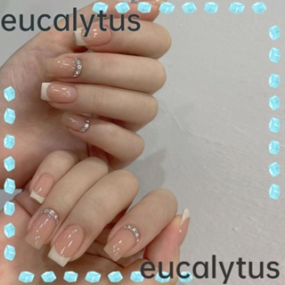 Eucalytus1 เล็บปลอม หัวเหลี่ยม ถอดออกได้ ยาวปานกลาง เต็มเล็บ แต่งพลอยเทียม สไตล์ฝรั่งเศส สําหรับผู้หญิง