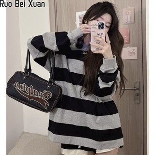 Ruo Bei Xuan เสื้อสเวตเตอร์ลายทางย้อนยุคใหม่ของผู้หญิงรุ่นใหญ่หลวมความยาวปานกลาง