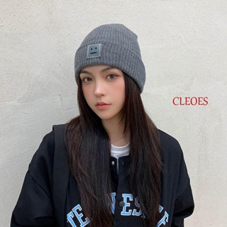 Cleoes หมวกบีนนี่ ผ้าถัก ลายหน้ายิ้ม เรียบง่าย แฟชั่นฤดูใบไม้ร่วง ฤดูหนาว สําหรับผู้หญิง