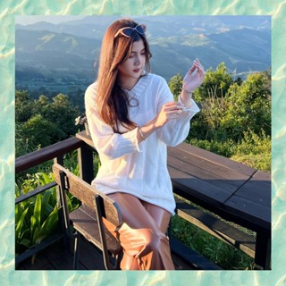 FM🌈ไทยแลนด์ มินิเดรสคอวีแขนยาว ไหมพรมฉลุลาย 3 สี