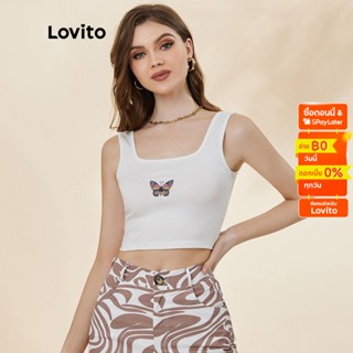 Lovito เสื้อครอปแขนกุด คอกลม สีพื้น ลายผีเสื้อ สไตล์ลำลอง L19D390 (สีขาว)