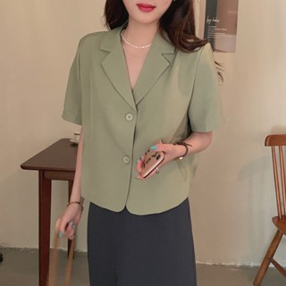 Suxi เสื้อแจ็กเก็ตสูท แขนสั้น ทรงหลวม สีพื้น แบบเรียบง่าย สไตล์เกาหลี