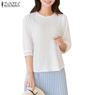 Zanzea เสื้อเบลาส์ลําลอง คอกลม แขนยาวครึ่งแขน ปักลายลูกไม้ สไตล์เกาหลี สําหรับผู้หญิง