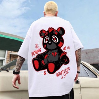 European American Style High Street Patch Bear Print Round Neck Short-Sleeved T-Shirt Men Women Couple Wear Trendy _02