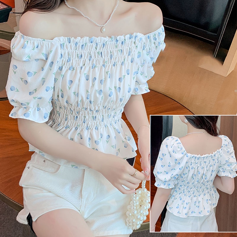 Newlan XF013 เสื้อเชิ้ตดอกไม้ Amorina เกาหลี Sabrina Jumbo เสื้อเชิ้ตสไตล์เกาหลี