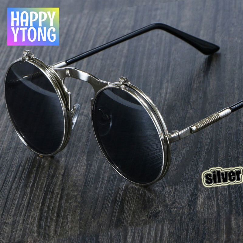 แว่นกันแดด Steampunk โลหะกลมผู้หญิงสไตล์ Retro Flip Circular แว่นตากันแดดโลหะคู่ผู้ชาย CIRCLE SUN GL