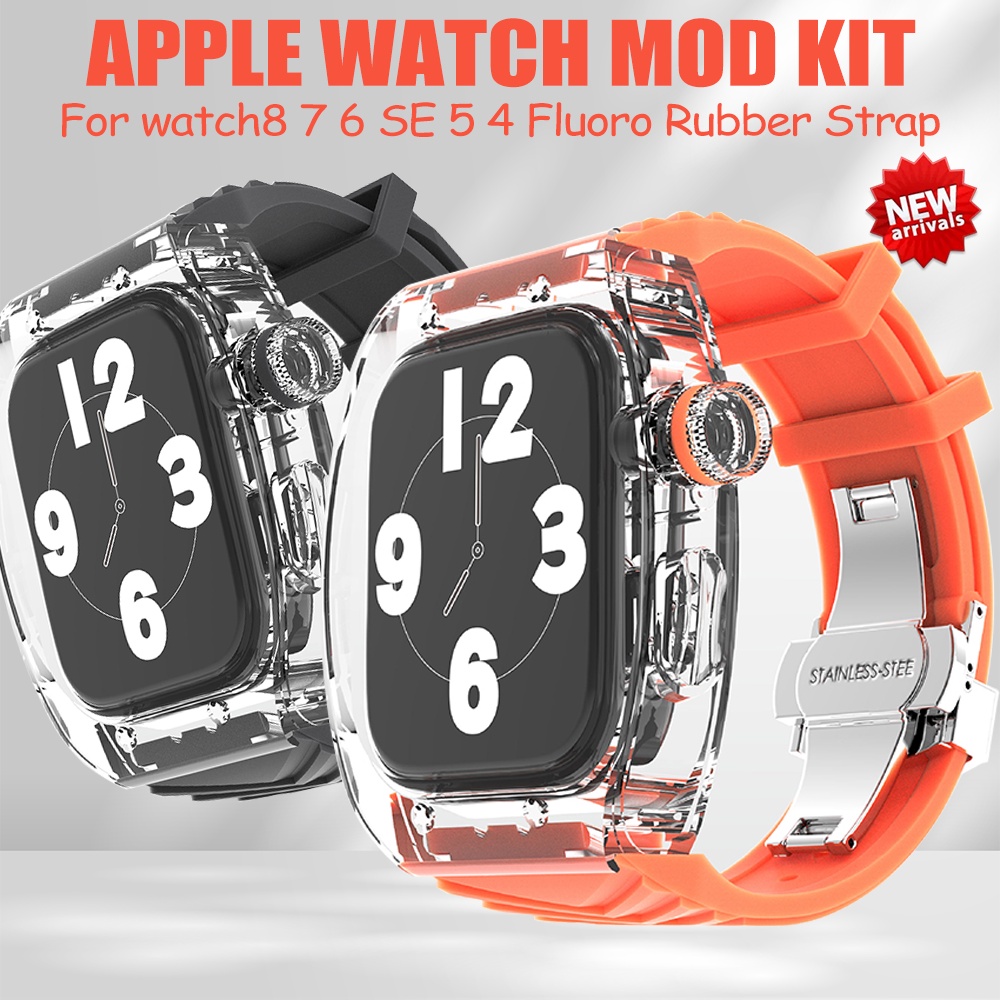 สายนาฬิกาข้อมือยาง แบบใส แต่งหัวเข็มขัดโลหะ สําหรับ Apple Watch 45 มม. 44 มม. iWatch Series 8 7 6 5 4 SE