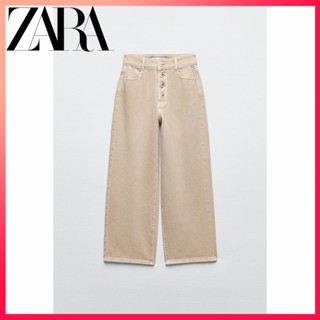 Zara ใหม่ กางเกงยีนขากว้าง แต่งกระดุม สําหรับผู้หญิง Z1975