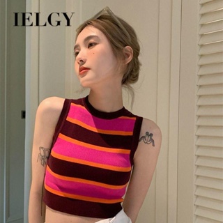 IELGY เสื้อสายเดี่ยว ผ้าถัก ลายทาง สไตล์ฮ่องกง สําหรับผู้หญิง