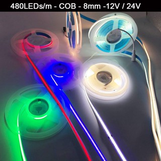 Dc12v DC24V 5 เมตร / ล็อต Cob LED Strip 480LEDs / ม. สีขาว / วอร์มไวท์ / ธรรมชาติ สีขาว / น้ําเงิน / แดง / เขียว เทปไฟยืดหยุ่น แถบซัง