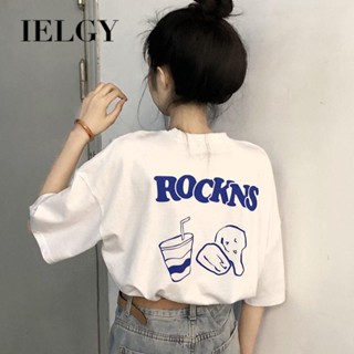 IELGY เสื้อยืดแขนสั้น เปิดไหล่ พิมพ์ลาย ทรงหลวม สไตล์วิทยาลัย สําหรับผู้หญิง