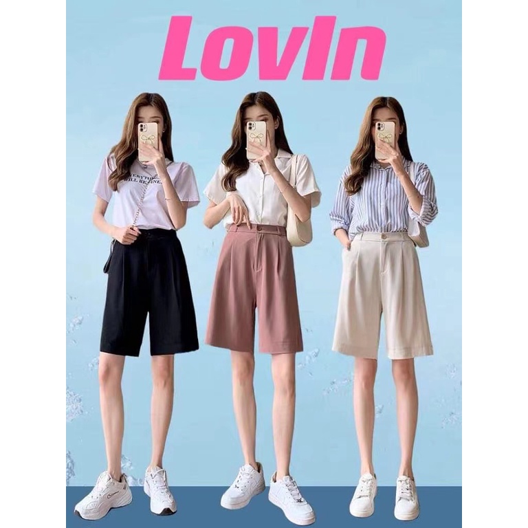 LoveInTH พิเศษ!กางเกงขาสั้นทรงบอย กระดุมหน้า ผ้าไอวี่หรือผ้าเปเป้ ราคาถูกS-2XL มีบริการเก็บปลายทาง