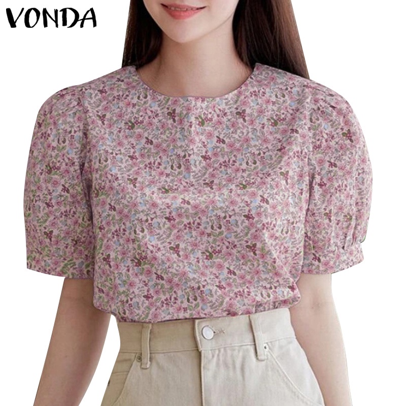 Vonda เสื้อเบลาส์ คอกลม แขนสั้น แขนพัฟ ลายดอกไม้ สไตล์เกาหลี สําหรับผู้หญิง