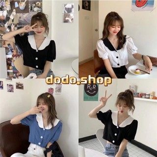 DODO*พร้อมส่ง*เสื้อแขนสั้นไหมพรมเอวลอย ปลายแขนจั้ม คอปก กระดุมเรียง 3 เม็ด สวมใส่เที่ยวสบาย（1933）