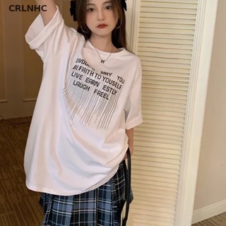 Crlnhc เสื้อยืดลําลอง แขนสั้น คอกลม พิมพ์ลายตัวอักษร ทรงหลวม แฟชั่นฤดูร้อน สําหรับสตรี