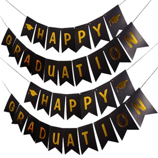 2pcs Party Supplies High School Bunting Decorations With Rope Congrats Grad Hanging Flags Gold Signs Graduation Banner