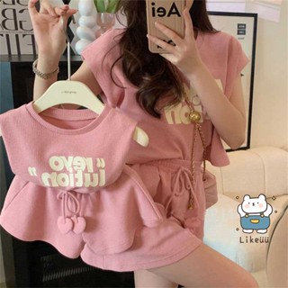 พร้อมส่ง แม่ลูกปุ๊กปิ๊ก ใส่คู่กันน่ารักมาก ชุดแม่และเด็ก ชุดคู่เเม่เเละเด็ก ชุดสองชิ้นน่ารักสีชมพูหวานๆ