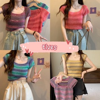 Elves✨พร้อมส่ง✨ เสื้อไหมพรมแขนสั้น เว้าหลังผูกหลัง ดีเทลสีสันสดแจ่มมาก ~H015~ -C