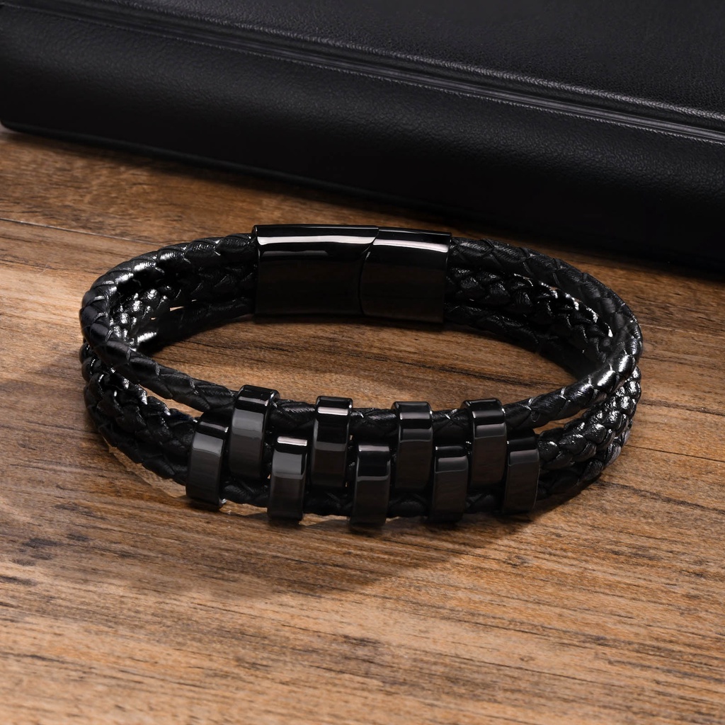 Vnox สร้อยข้อมือหนังแท้ สามชั้น ประดับลูกปัดสเตนเลส ลําลอง สีดํา เครื่องประดับแฟชั่น สําหรับผู้ชาย