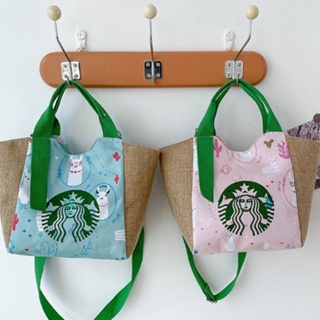 Starbucks กระเป๋าช้อปปิ้ง ผ้าแคนวาส แบบพกพา สําหรับใส่กล่องอาหารกลางวัน