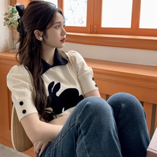 เสื้อยืดแขนสั้น คอปกโปโล ผ้าถัก พิมพ์ลายกระต่าย สีตัดกัน สไตล์เกาหลี เหมาะกับฤดูร้อน สําหรับผู้หญิง