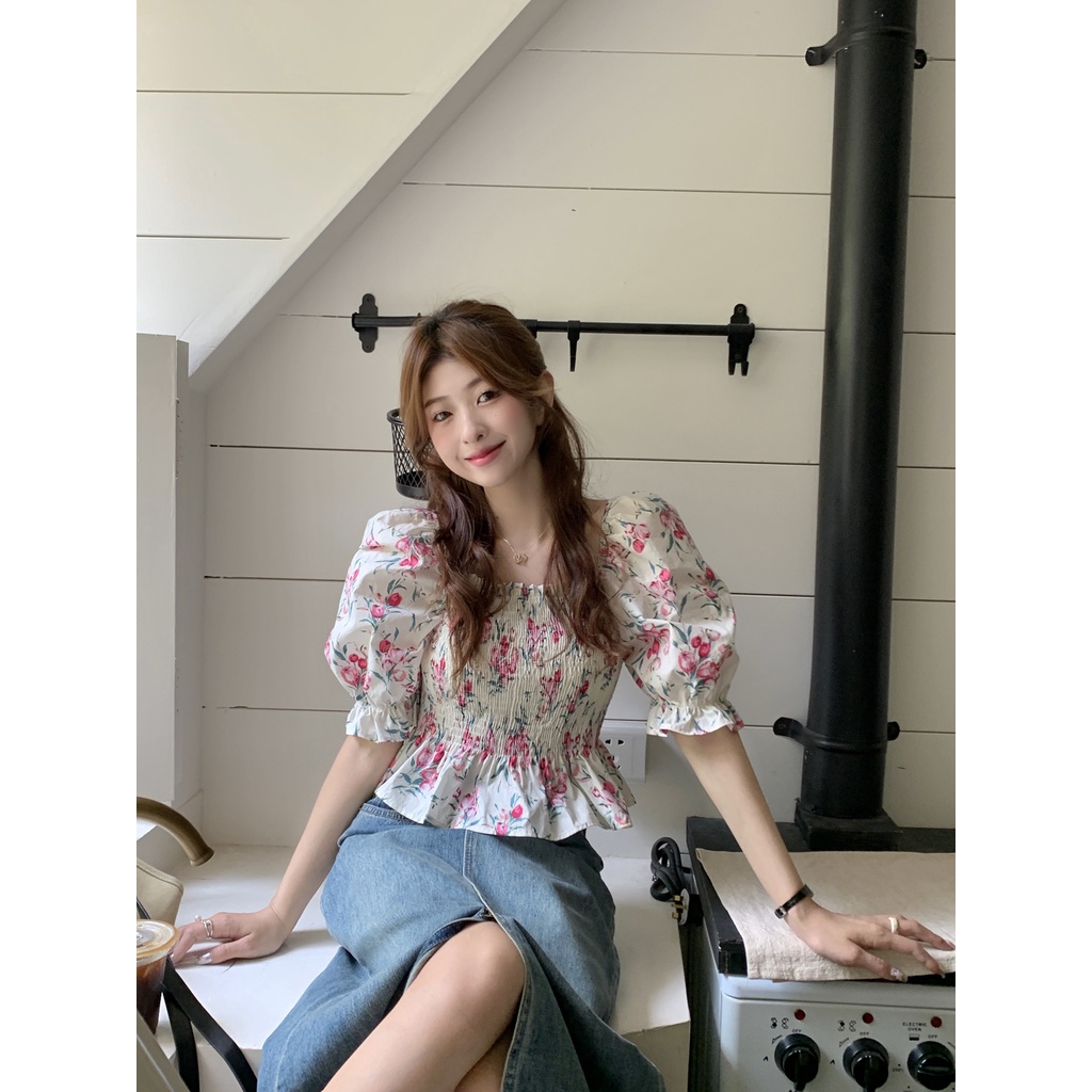 เสื้อเชิ้ตแขนพัฟ เข้ารูป ลายดอกไม้ สไตล์ตะวันตก ฝรั่งเศส เข้ากับทุกการแต่งกาย สําหรับผู้หญิง