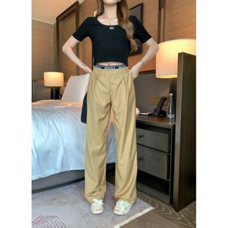 P0KD MIU MIU2023 pleated contrast color ribbon waist straight wide leg trousers waist fake two-piece straight wide leg design