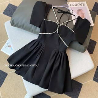 French black dress summer dress 2023 new high-end temperament socialite waist dress