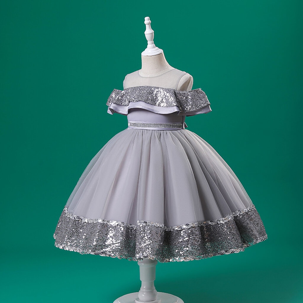 Gd3944- พร้อมส่งจากไทย ชุดออกงานเด็กหญิงสีเทา ออกสีเทาเงิน ชุดสวยแต่งเลื่อมหรู สวยหวาน ชุดราตรีเด็กทรงสั้น มีแขน ชุดอ...