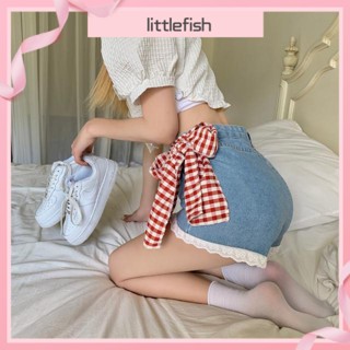 [littlefish] กางเกงยีนขาสั้น แบบนิ่ม เอวสูง ทรงสลิม แต่งลูกไม้ เหมาะกับฤดูร้อน สไตล์ญี่ปุ่น สําหรับเด็กผู้หญิง