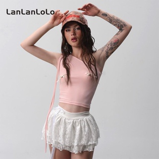 Lanlanlolo เสื้อกล้ามลําลอง เปิดไหล่ ประดับโบว์ สีพื้น สําหรับผู้หญิง 2023