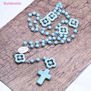 Buildvictor สร้อยคอ จี้ไม้กางเขนคาทอลิก สีฟ้าเทอร์ควอยซ์ เครื่องประดับแฟชั่น