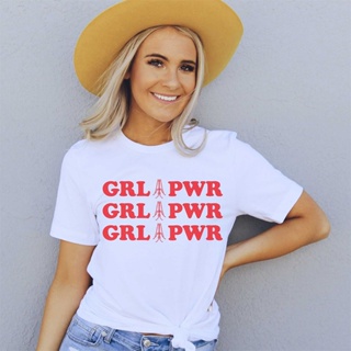 เสื้อยืด ผ้าฝ้าย พิมพ์ลายกราฟฟิค Grl Pwr แฟชั่นฮาราจูกุ สําหรับผู้หญิง